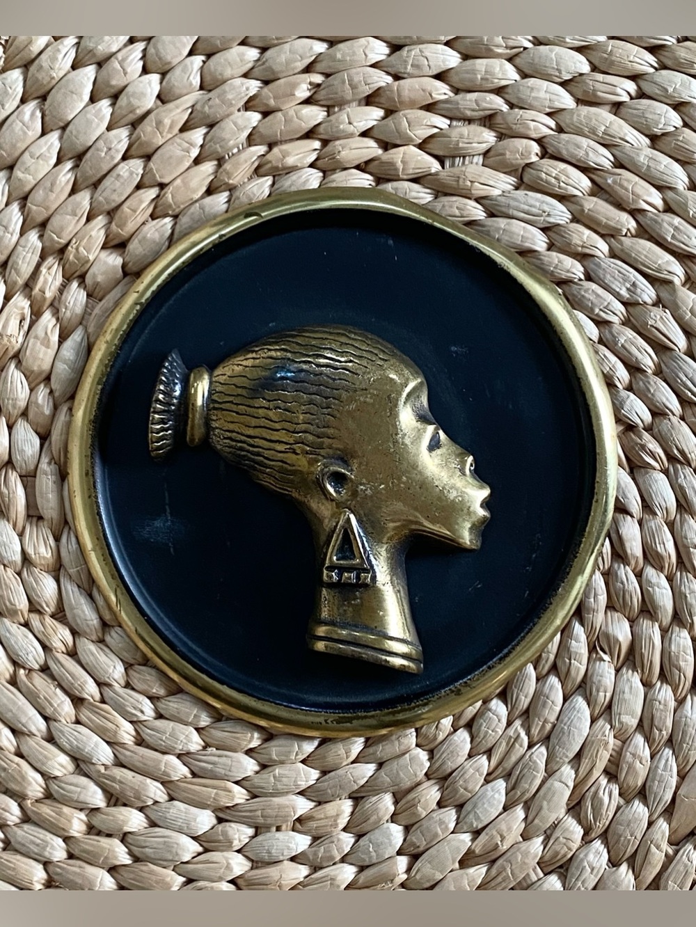 VTG Brass Blackamoor African Lady Woman Profile Medallion Wall Art Plaque 4”